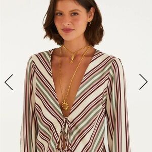 Farm Rio Striped V-Neck Blouse from Brazil (Camisa Listra Licor) - NWT
